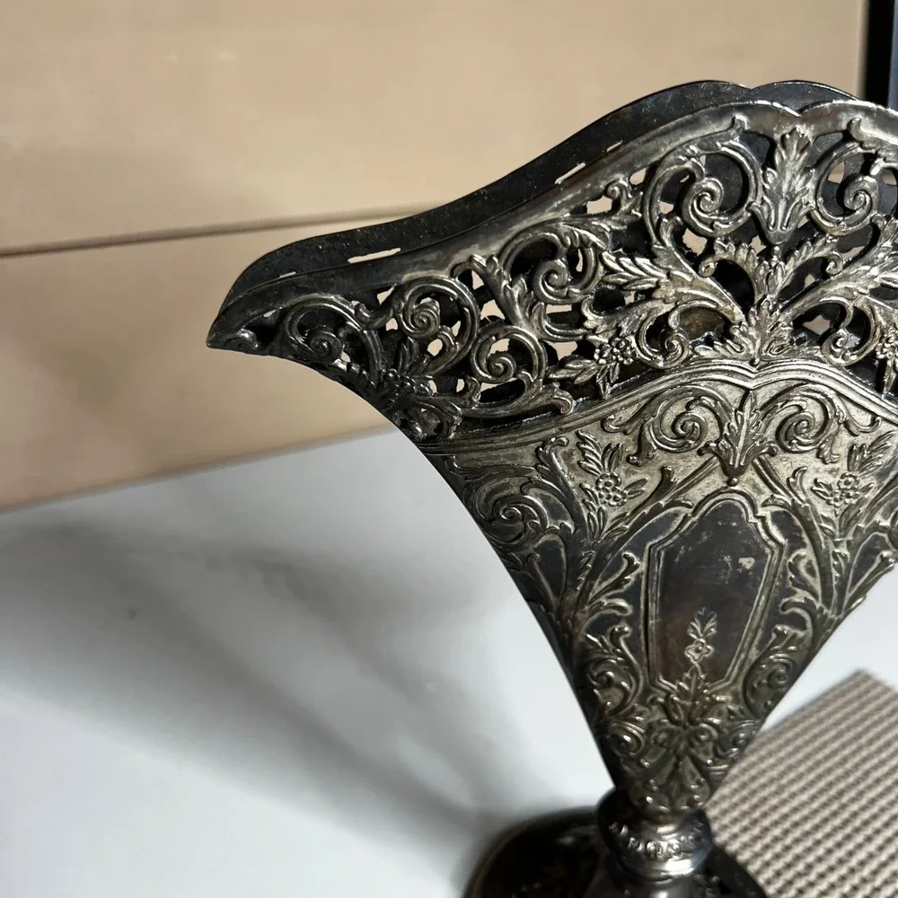 Vintage GSA 1991 Ornate Silver Tone Filigree Fan Shaped Pedestal Vase 9.5 Inch